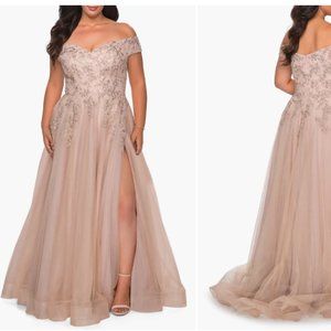 LA FEMME LACE & TULLE OFF THE SHOULDER CHAMPAGNE THIGH SLIT GOWN sz 22